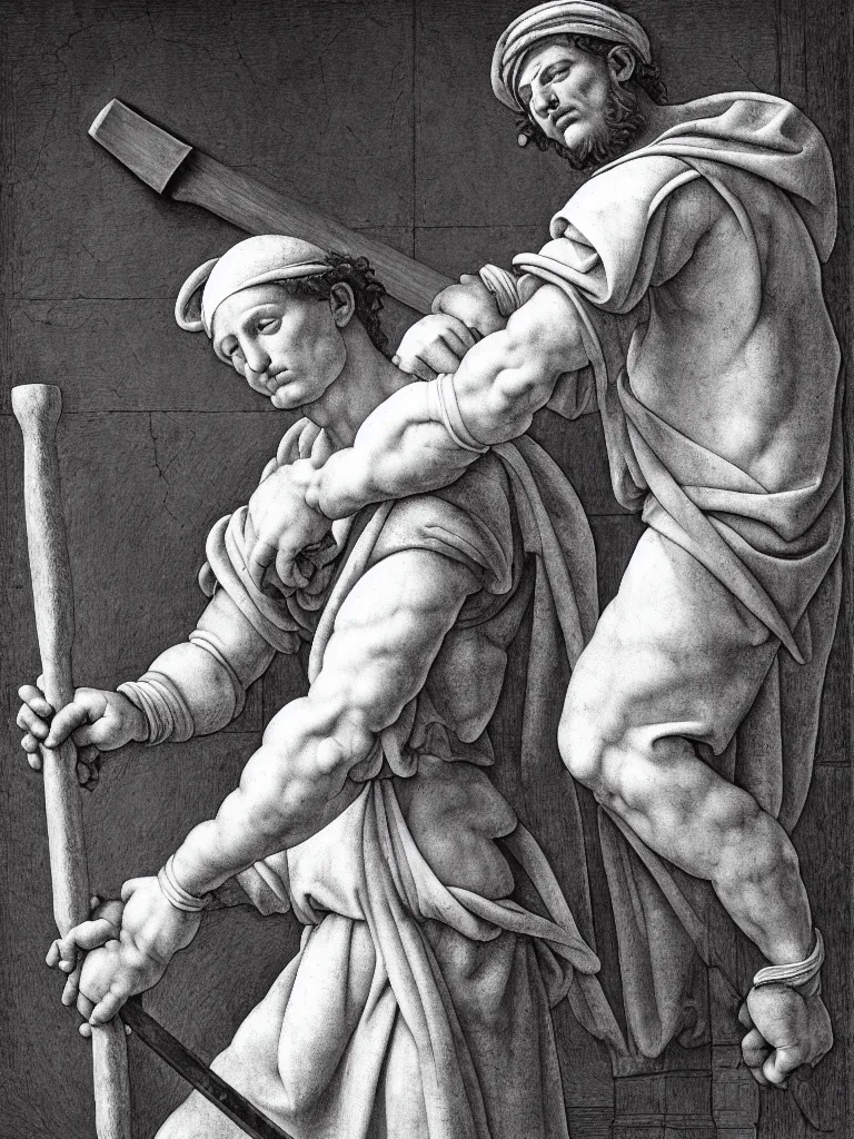 Prompt: a twenty - something michelangelo wearing peasant clothing of the renaissance holds a chisel in one hand and a mallet in the other, in the background a rectangular prism of white marble with gray streaks, photorealistic, hyperdetailed, studio lighting, octane render, caustics