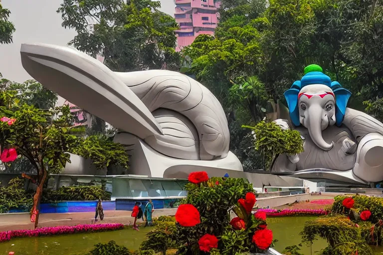 Image similar to magnificent futuristic new delhi, sharp biophilic ganesha!! building, kalighat flowers, highly detailed, stephen shore & john j. park, cinematic light, wide shot, ground angle, uhd 8 k, sharp focus