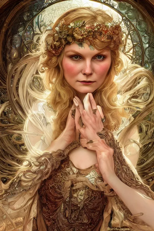 Image similar to Young Kirsten Dunst as a Goddess, cute, fantasy, intricate, elegant, highly detailed, digital painting, 4k, HDR, concept art, smooth, sharp focus, illustration, art by artgerm and H R Giger and alphonse mucha