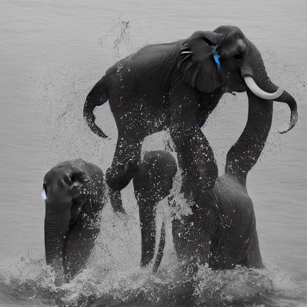 Image similar to “a black and white photo of a single elephant splashing water by Maties Palau Ferré, featured on flickr, arabesque, national geographic photo, ilford hp5, majestic”