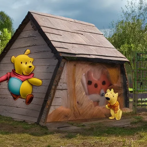 Image similar to winnie the pooh and Piglet visit a Norwich, Norfolk, buildings made from wood, photorealistic