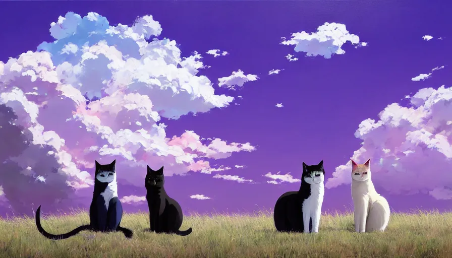 Prompt: highly detailed contemporary acrylic painting of really tall sitting cats by makoto shinkai, thick brush strokes and visible paint layers, glistening clouds in background, purpleb blue black, white and pink color scheme