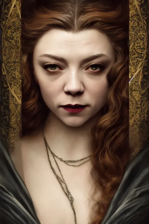 Image similar to a portrait of an elegant beautiful dark bohemian vampire woman, smooth face, glamour shot, (Natalie Dormer), bored, illustration, dramatic lighting, soft details, painting oil on canvas, art nouveau, octane render, HDR, 4k, 8k, HD, by Edmund Blair Leighton, Brom, Charlie Bowater, trending on artstation,