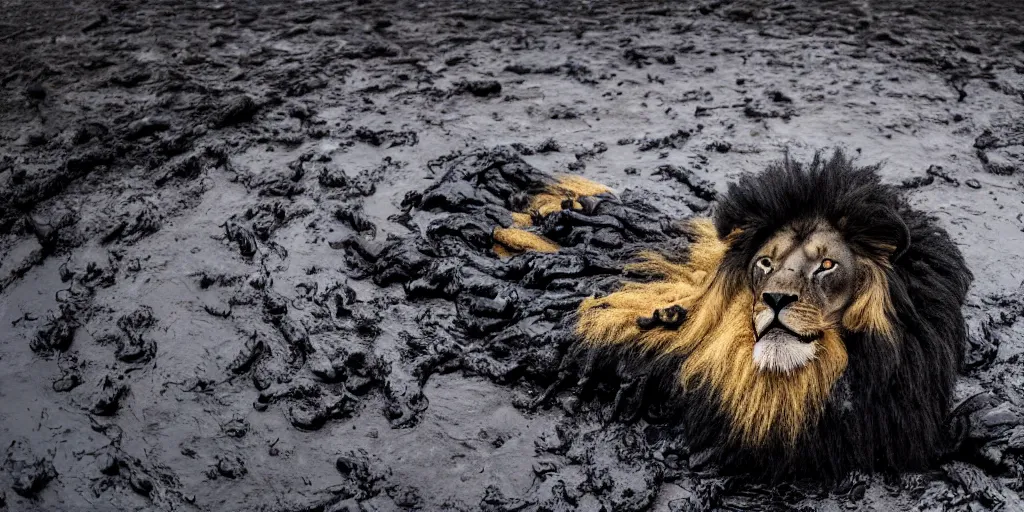 Image similar to a shiny black goo covered lion, lion made of black goo, goo lion, lion made of goo, latex shiny, laying in a tar pit, dslr, photography, ferrofluid, wildlife photography, award winning animal photography, safari