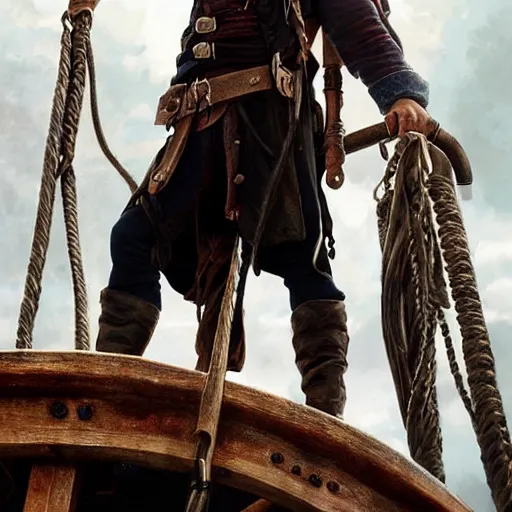 Prompt: tom holland as a pirate, standing on the mast, fine face, face focused, fine detailed face, long hair, realistic shaded lighting poster by greg rutkowski, cinematic lighting, sharp focus, highly detailed attributes and atmosphere