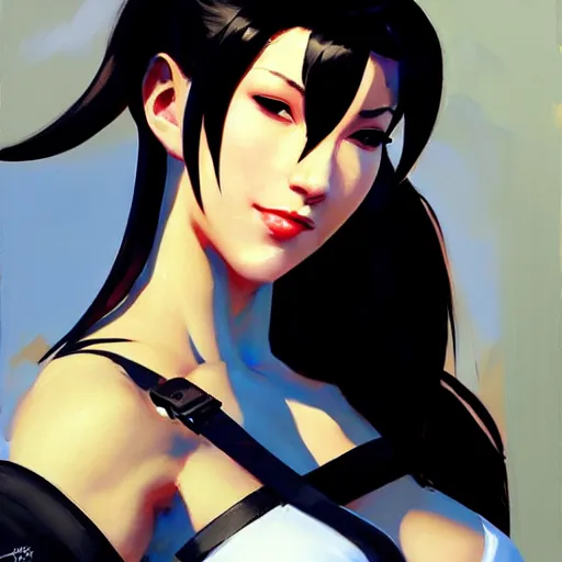 Image similar to Greg Manchess portrait painting o Tifa Lockheart as Overwatch character, medium shot, asymmetrical, profile picture, Organic Painting, sunny day, Matte Painting, bold shapes, hard edges, street art, trending on artstation, by Huang Guangjian and Gil Elvgren and Sachin Teng