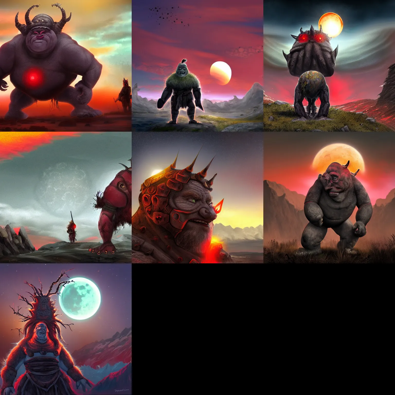 Prompt: ogre wearing humans heads as armor,fantasy art,solar eclipse,black and red sky,tundra in the background