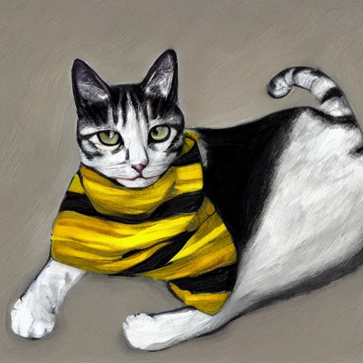 Prompt: oil painting extreme wide shot of a white and grey tabby cat wearing a black yellow striped hufflepuff scarf, in the gloucester cathedral cloisters, digital painting, high detail, award - winning, playful