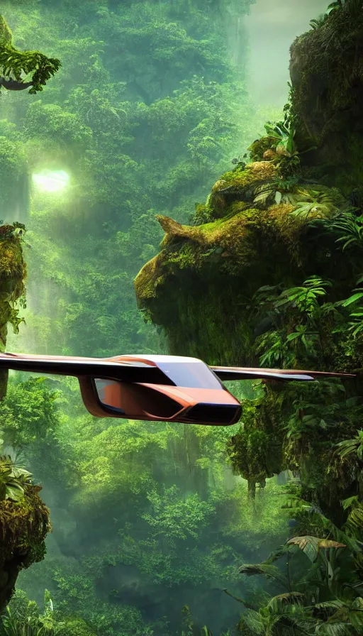 Prompt: a sci - fi flying car floating in a prehistoric jungle cave, lush flora, waterfall, sunset, hazy, volumetric lighting, rtx on, photorealistic render, unreal engine 5