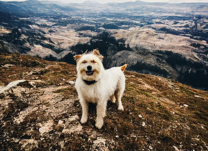 Prompt: a photograph of a dog on a mountain following the rule of thirds, high definition