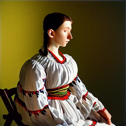 Prompt: hyperrealism photography in caravaggio style computer simulation visualisation of parallel universe sit - com scene with beautiful highly detailed ukrainian woman wearing ukrainian traditional shirt designed by taras shevchenko and woman wearing retrofuturistic sci - fi neural interface by josan gonzalez. hyperrealism photo on pentax 6 7, kodak portra 4 0 0 volumetric natural light - s 1 5 0