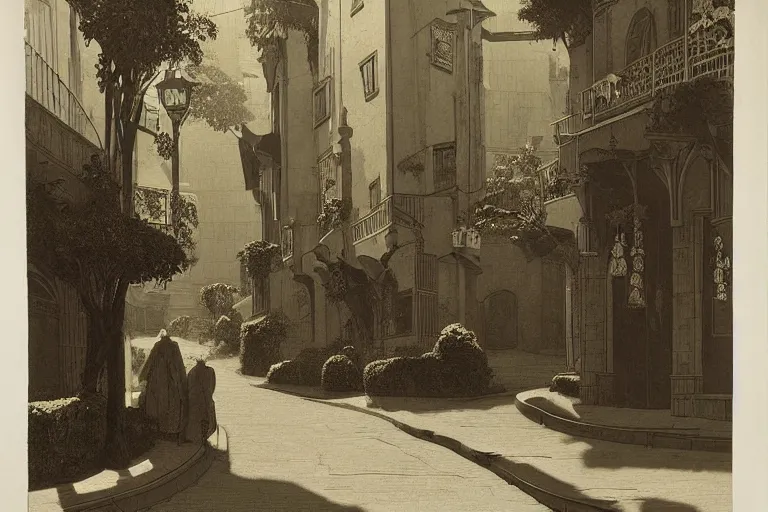 Image similar to winding street at midnight in a very old very beautiful city by George Price Boyce and Maxfield Parrish, glowing paper lanterns, strong dramatic cinematic lighting , ornate tiled architecture, lost civilizations, smooth, sharp focus, extremely detailed