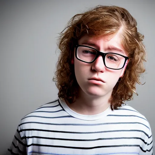 Prompt: portrait of depressed teen, nerds, hair looks like a helmet, ugly, male, glasses