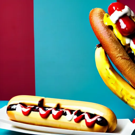 Prompt: commercial photo of a banana split with a hot dog instead of the banana, mustard, ketchup,