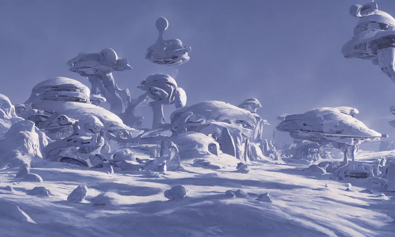 Image similar to snow alien landscape of an unexplored world, cinematic lighting, cinematic angle, Syd Mead, Federico Pelat, daylight, blue sky, spaceship in the sky