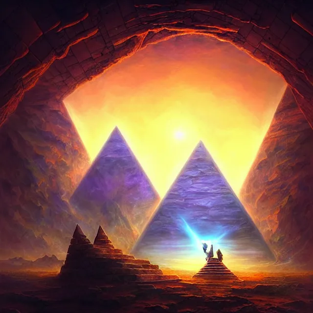 Image similar to the illuminati eye opening up from inside a pyramid, a fantasy magical landscape seen in the distance, atmospheric lighting, intricate, volumetric lighting, beautiful, sharp focus, ultra detailed, in the art style of marc simonetti, bowater charlie and brom gerald, astrophotography