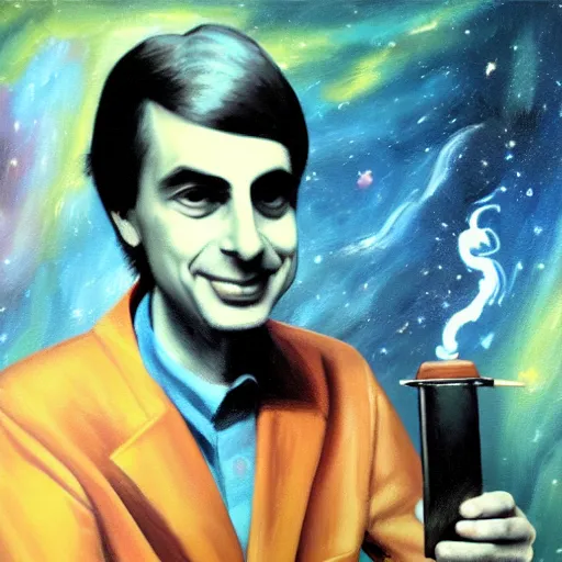 Prompt: an epic oil painting of younger carl sagan holding a bong on the show cosmos, cloud of smoke, galaxies, nebulae, hubble, james webb space telescope, digital painting bioluminance / n 4