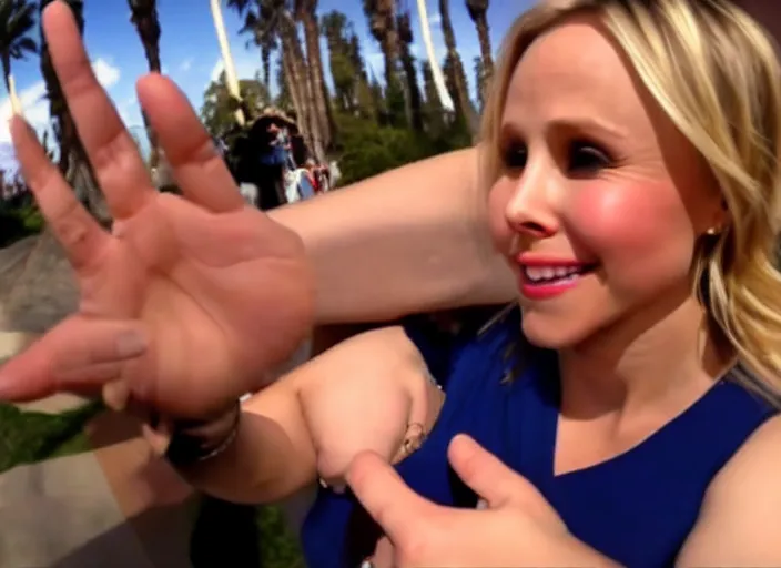 Image similar to gopro footage, photograph of my hand touching kristen bell's fat chubby belly, her belly is fat and round, 8 k, sharp, detailed