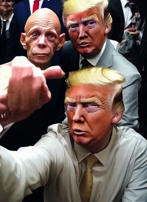 Prompt: gollum and Donald trump making a selfie together