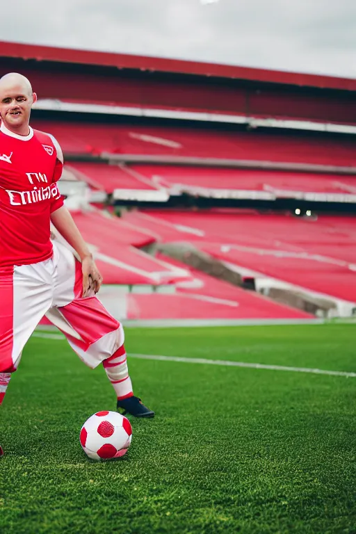 Image similar to mr blobby playing football in the stadium wearing the red and white arsenal shirt, photographed, sunny day, portrait, photographic