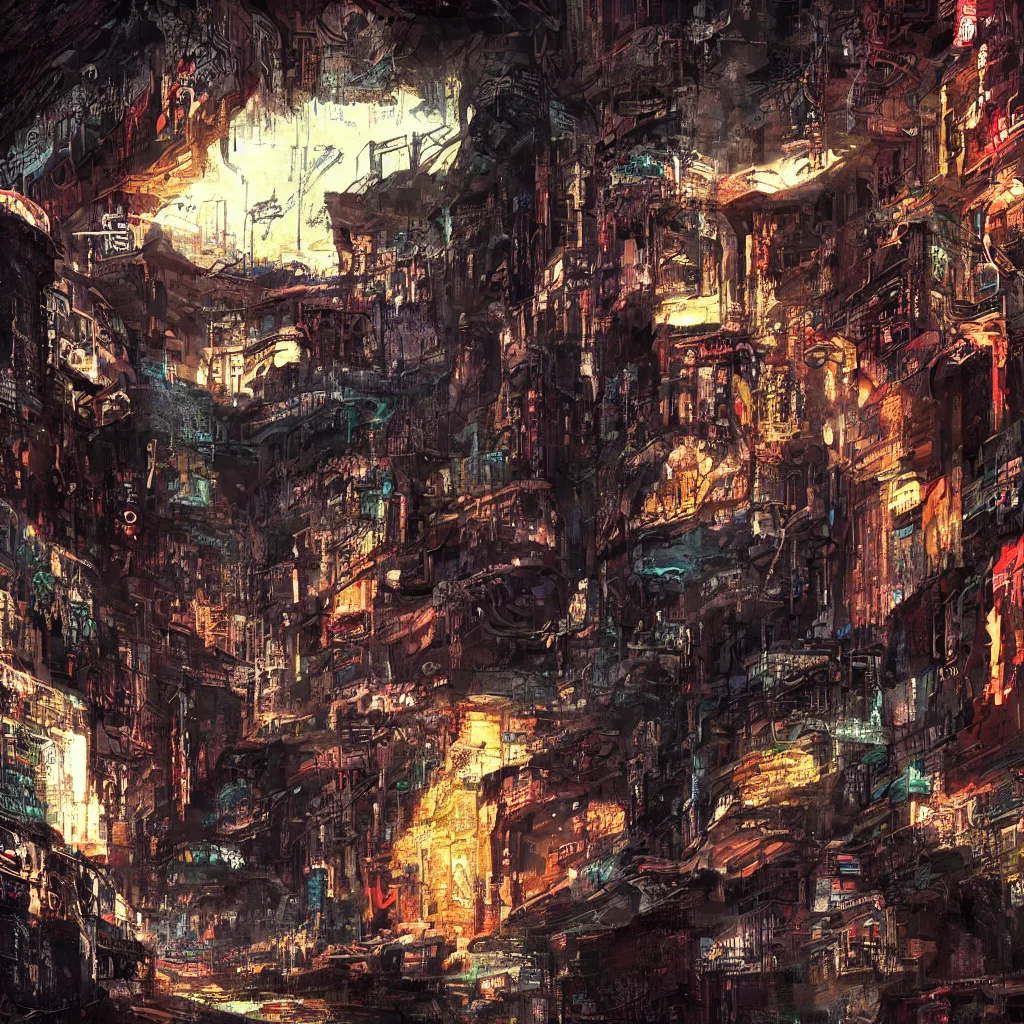 Image similar to a cave painting of a cyberpunk cave