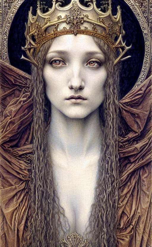 Image similar to detailed realistic beautiful young medieval queen face portrait by jean delville, gustave dore and marco mazzoni, art nouveau, symbolist, visionary, gothic, pre - raphaelite. horizontal symmetry