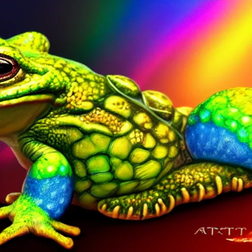 Image similar to toad with wings front view Across holding a hand + rainbow reptile front view Across holding a hand + golden lizard front view, trio, artstation, concept art, master illustration, details, good clear quality, fun - w 704