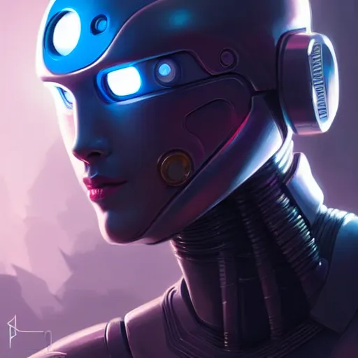 Prompt: concept art portrait of an friendly and peacful cyberpunk robot, fine details, magali villeneuve, artgerm, rutkowski