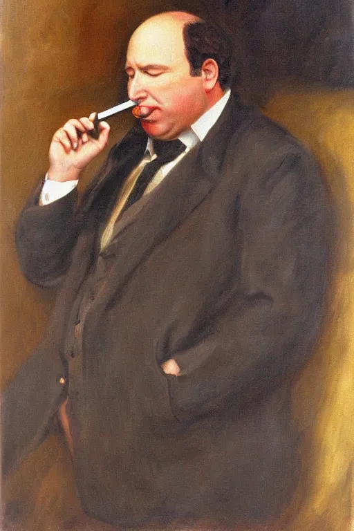 Image similar to portrait of george constanza, smoking a pipe, atmospheric