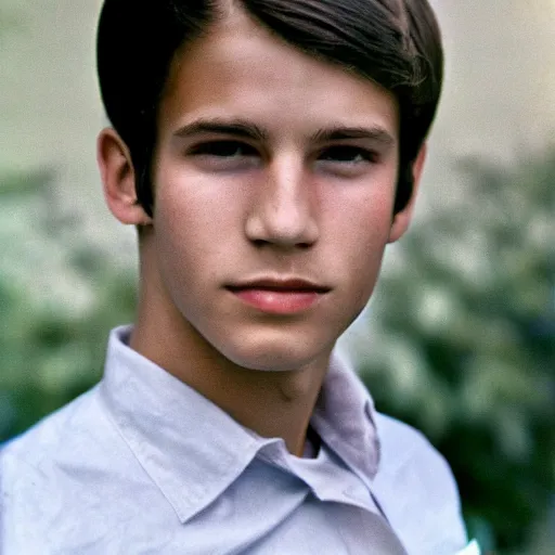 Prompt: a color photograph of a very handsome young guy in the 1 9 6 8