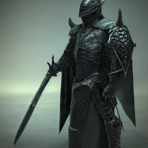 Prompt: detailed hypperrealistic artstation render, full body front view of a scaly black cloaked man, wearing a metal knights helmet, carries a large knights blue greatsword in his hands, in addition tentacles emerge from his back like wings