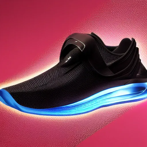 Image similar to product photography extremely detailed futuristic sports sneakers with a detailed foam sole, with holographic elements, 3 d model, hyperrealism, balenciaga style ultra rendered extreme realism and detail, 8 k, highly detailed, realistic, completely framed, pbr, hyper realistic, photorealistic, sharp focus,