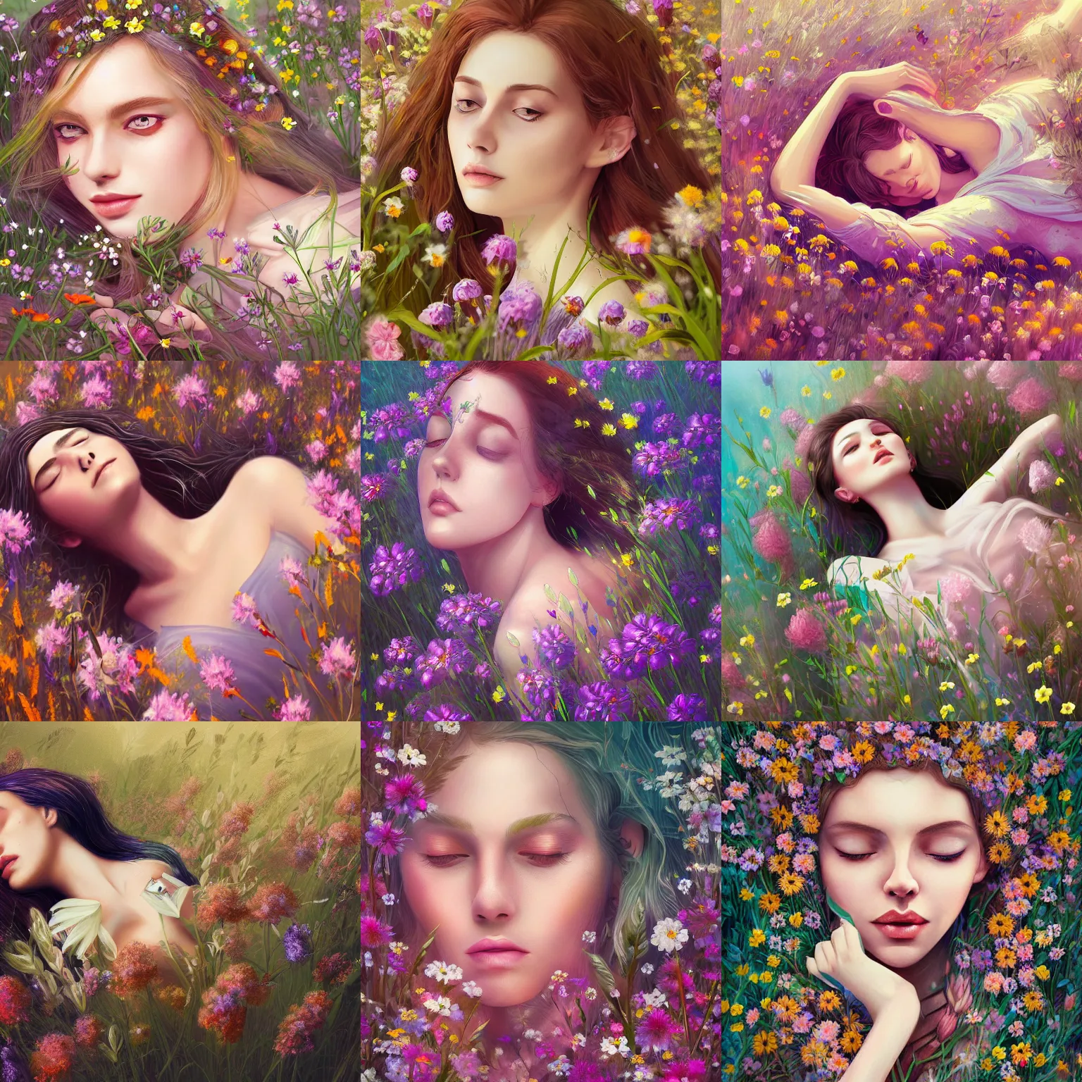 Prompt: A digital painting of a woman lying in wild flowers, intricate, ethereal, highly detailed, digital painting, Artstation, concept art, smooth, sharp focus, illustration, art by Anna Dittmann