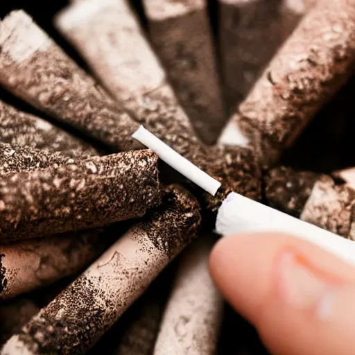 Prompt: Close-up of hyperrealistic soft only hand holding cigarette with smoke, white background, 4K