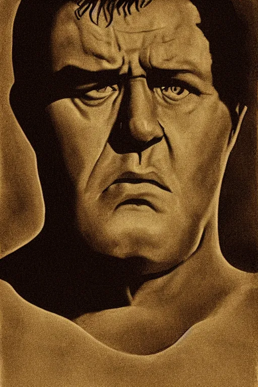 Prompt: the incredible hulk, portrait, full body, symmetrical features, silver iodide, 1 8 8 0 photograph, sepia tone, aged paper, sergio leone, master prime lenses, cinematic