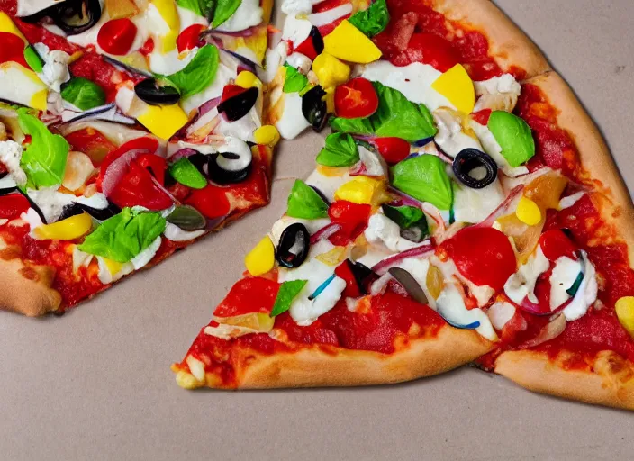 Image similar to a triangular pizza, full of toppings