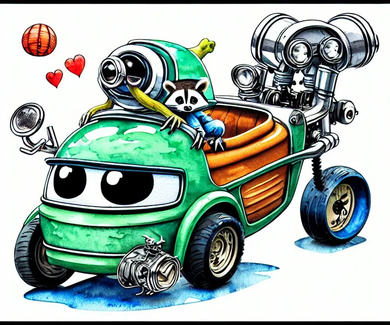 Image similar to cute and funny, racoon wearing a helmet riding in a tiny streetrod with oversized engine, ratfink style by ed roth, centered award winning watercolor pen illustration, isometric illustration by chihiro iwasaki, edited by range murata, tiny details by artgerm and watercolor girl, symmetrically isometrically centered