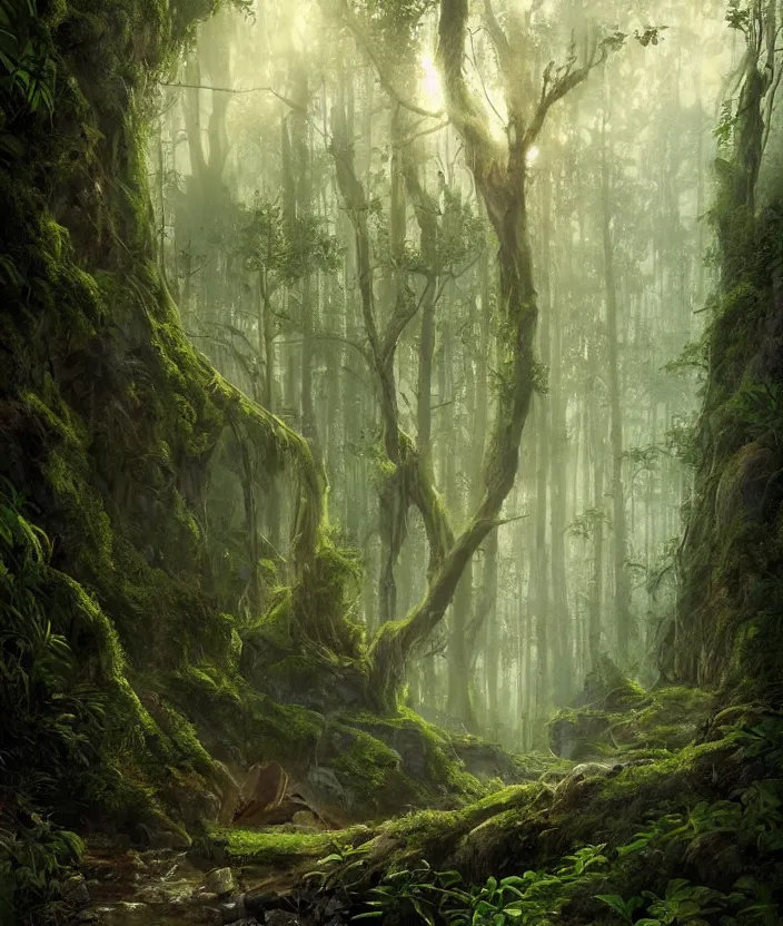 Image similar to most epic landscape, epic cinematic hyperrealism masterpiece. realistic poster with shaded lighting by craig mallismo, artgerm, jeremy lipkin and michael garmash, unreal engine, radiant light, detailed and complex environment, digital art, art station trends, environmental portrait, low angle, 3 5 mm, forest path, jungle, misty, moss, vines, fern