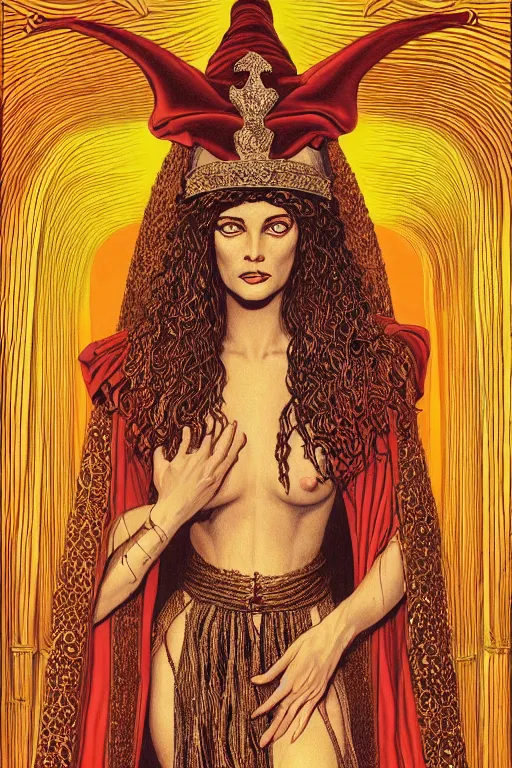 Image similar to Portrait of historically accurate, ancient biblical, sultry, sneering, evil, pagan, wicked, queen jezebel, wearing gilded robes, long hair, intricate, elegant, highly detailed, masterpiece, illustration, art by Jean Giraud, highly detailed, trending on artstation, award winning