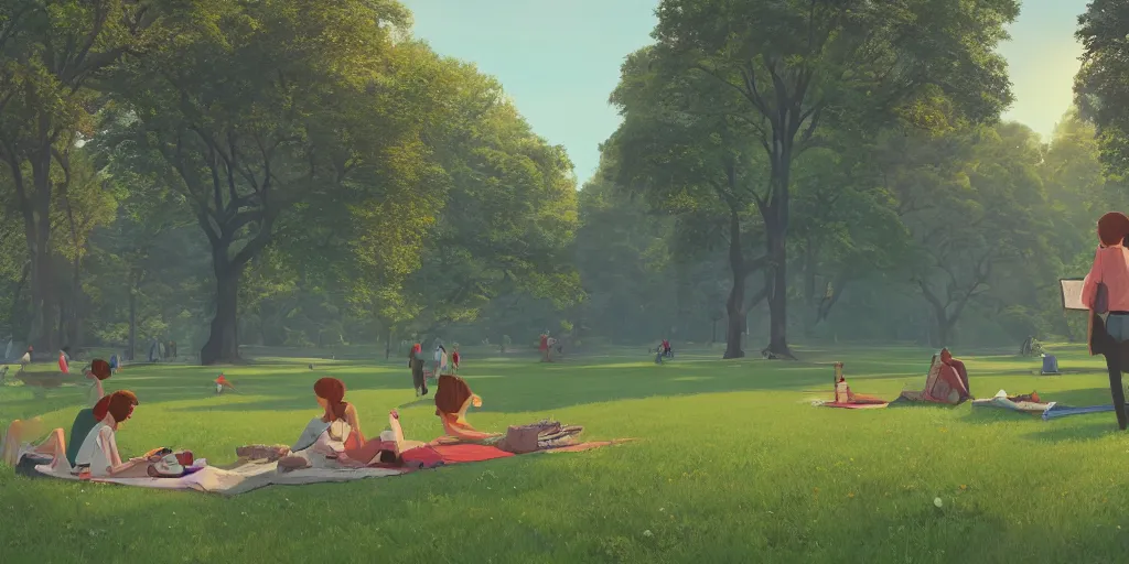 Image similar to a film still of a open air kino in central park new york, wide shot, waist up, wes anderson, studio ghibli, pixar and disney animation, sharp, rendered in unreal engine 5, anime key art by greg rutkowski, bloom, dramatic lighting
