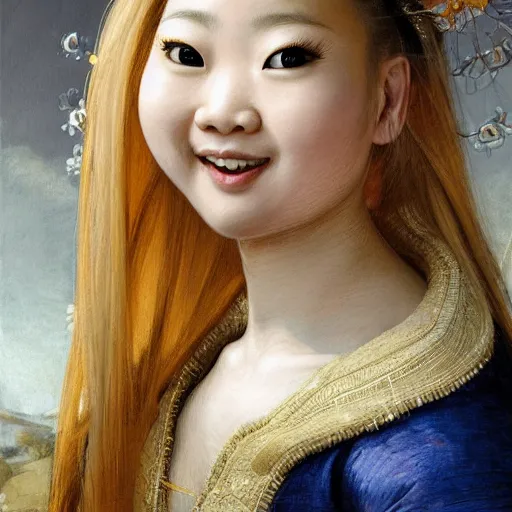 Image similar to a totally amazed smiling pretty asian girl with blonde hair, fully covering intricate detailed outfit, long loose blonde hair, precise linework, accurate brown eyes, small nose, beautiful smooth oval head, expressive emotions, hyper realistic ultrafine portrait by artemisia gentileschi, jessica rossier, greg rutkowski, artgerm