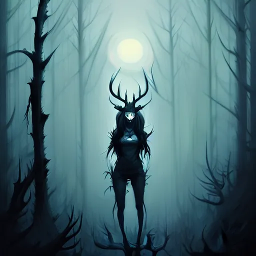 Image similar to in the style of artgerm, peter mohrbacher, rafael albuquerque, wendigo, in the forest emerging from the shadows, deer skull face, antlers, fog, full moon, moody lighting, horror scary terror