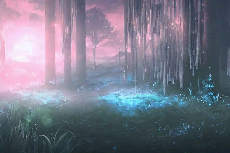 Image similar to scenery artwork, scene beautiful, light essence bioluminescent acrylic and cold nier automata pixiv scenery artwork : nature dream wire vegetation magic density infinite, macro seminal dream points of icy, frozen vaporwave shards tempted to turn into a dream scenery, high quality topical render, nier automata, concept art