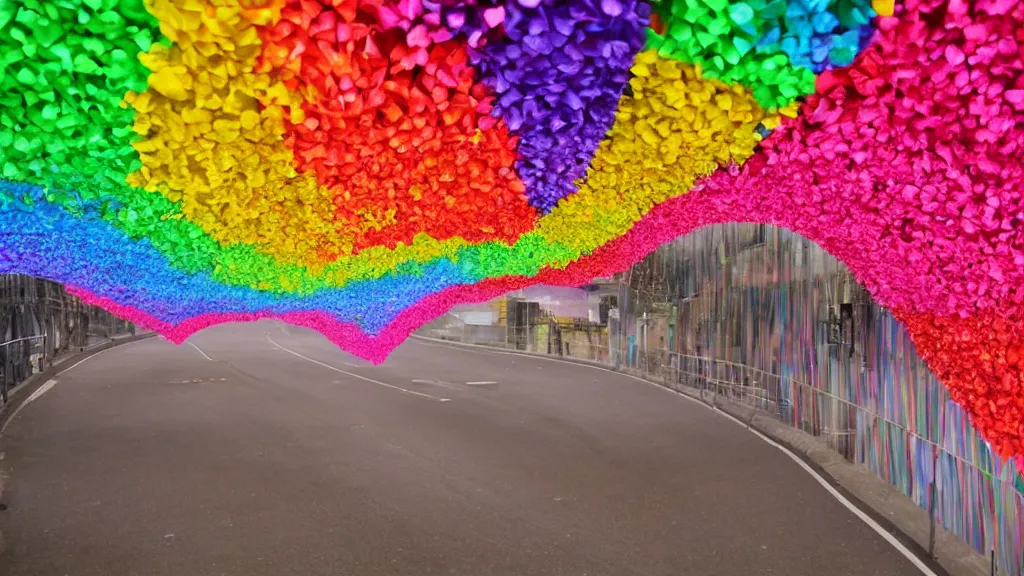 Prompt: A tunnel made out of hearts, rainbow color scheme