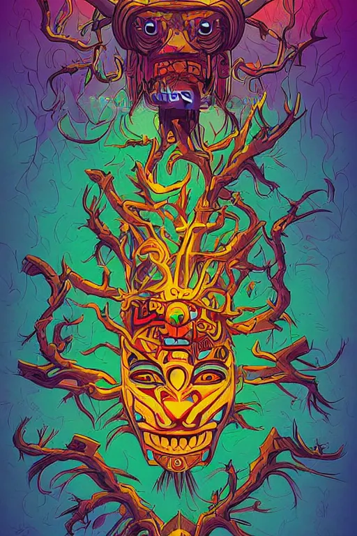 Image similar to totem animal tribal chaman vodoo mask feather gemstone plant wood rock video game illustration vivid color borderlands by josan gonzales and dan mumford radiating a glowing aura