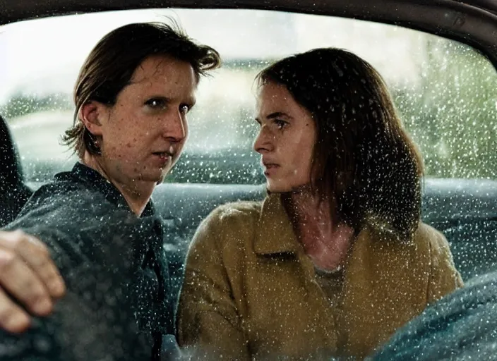 Image similar to A very high resolution image from a new movie, inside of a car, raining, hot, directed by wes anderson