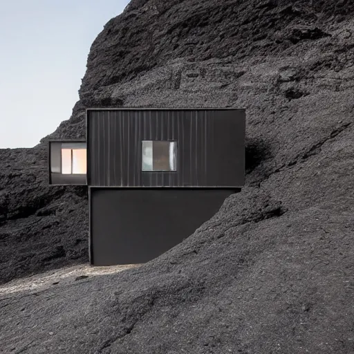 Image similar to tall black geometric house, embedded in lava cliff, full view, black house, molten metal house, minimal design, highly detailed