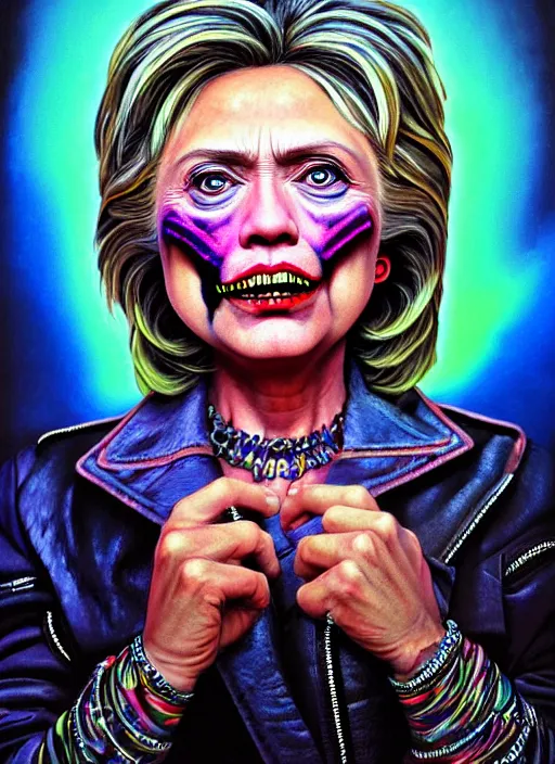 Prompt: hillary clinton as an apocalyptic scifi orcish biker character, psychedelic vibrant colors, futuristic punk rock fashion, oil painting by michael whelan art, perfect face, sharp focus, detailed eyes, realistic, 8 k