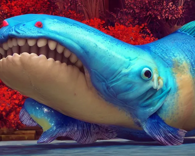 Prompt: of a very beautiful scene. ambient occlusion render. a sweet fat old woman is giving birth to a huge colorful fish. hyper realistic. 4 k. wide angle. wild. symmetrical face, red mouth, blue eyes. deep focus, lovely scene. ambient occlusion render. concept art. unreal engine.