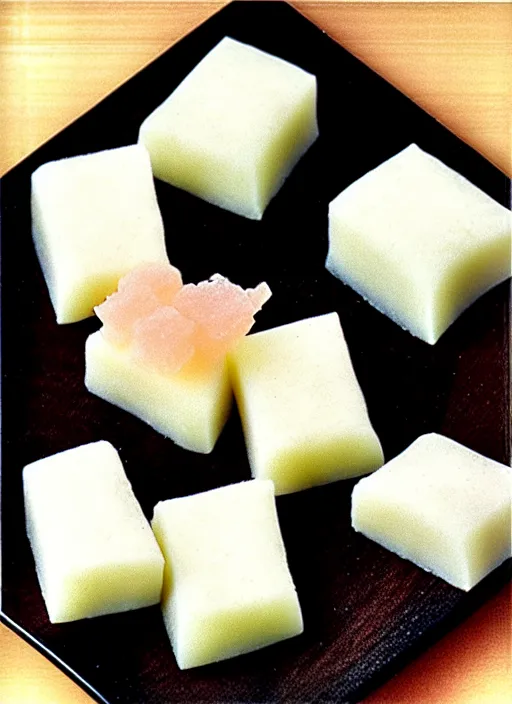 Image similar to realistic photo of japanese mochi candies sweets, black and white, on a square wooden plate 1 9 9 0, life magazine photo